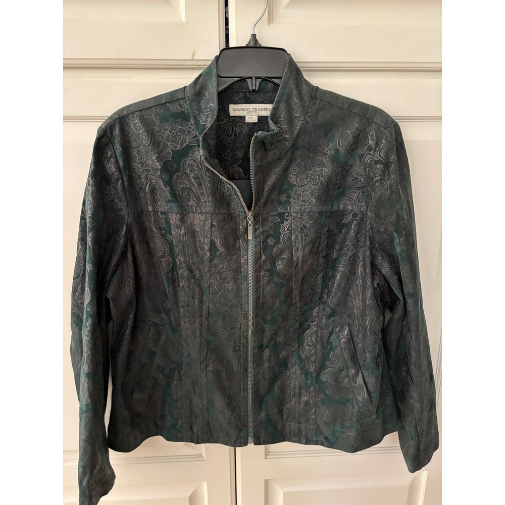 Bamboo Traders Green Paisley Zip-Front Leather Jacket
